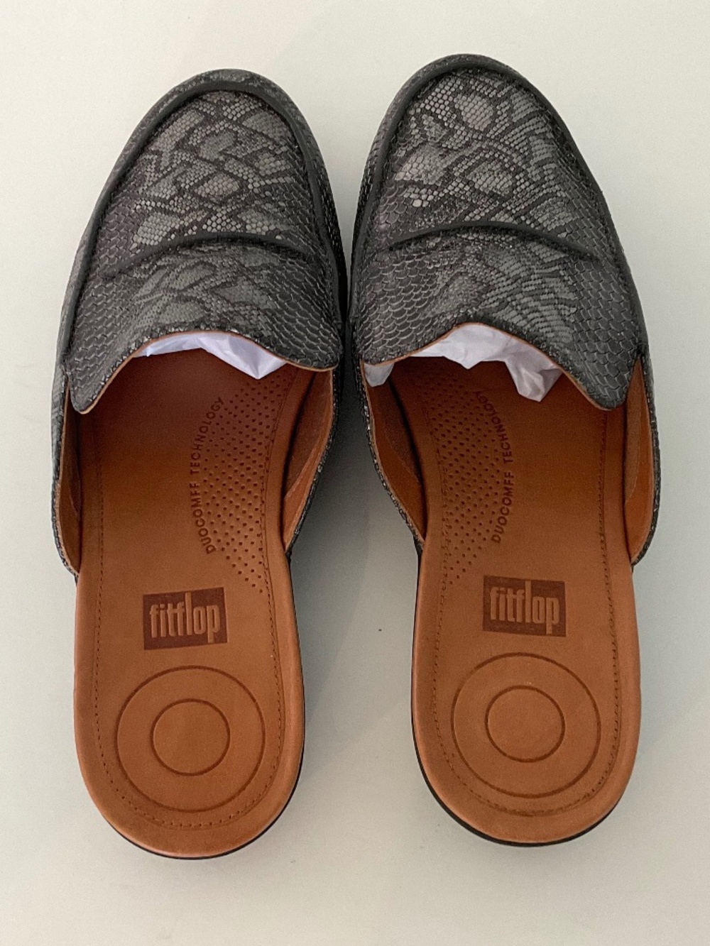 FITFLOP Serene Black/Grey Python Print Leather Mules Sz 9 - Picture 2 of 9